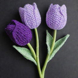 Three crochet tulips in pastel purple color, beautifully wrapped in dark purple