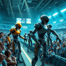 A futuristic scene depicting the Cyborg Olympics, where advanced humanoid robots compete in various athletic events in a high-tech stadium