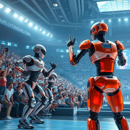 A futuristic scene depicting the Cyborg Olympics, where advanced humanoid robots compete in various athletic events in a high-tech stadium