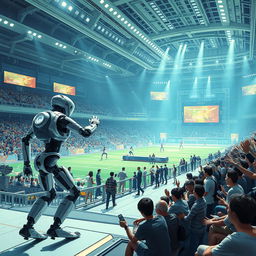 A futuristic scene depicting the Cyborg Olympics, where advanced humanoid robots compete in various athletic events in a high-tech stadium