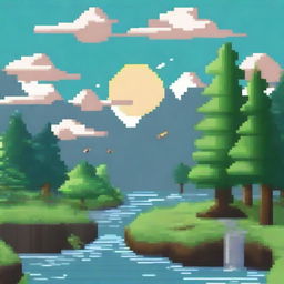 Create a pixel art image featuring a scene with a forest on the left and right, a river with stones sticking out of it in the middle, a bright sun in the sky, and birds flying