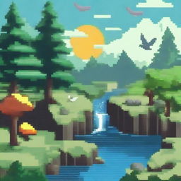 Create a pixel art image featuring a scene with a forest on the left and right, a river with stones sticking out of it in the middle, a bright sun in the sky, and birds flying