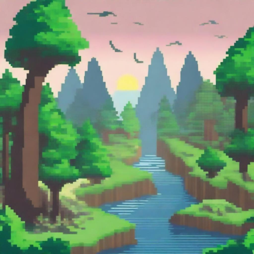 Create a pixel art image featuring a scene with a forest on the left and right, a river with stones sticking out of it in the middle, a bright sun in the sky, and birds flying