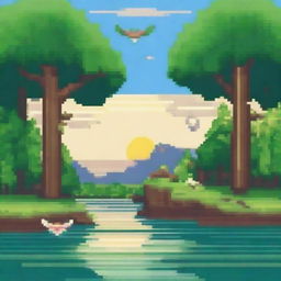 Create a pixel art image featuring a scene with a forest on the left and right, a river with stones sticking out of it in the middle, a bright sun in the sky, and birds flying