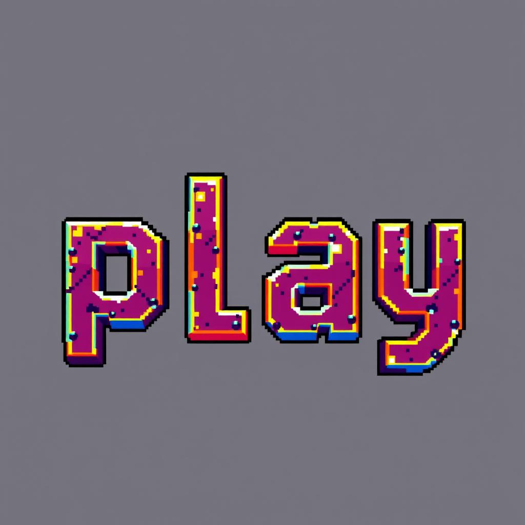 The word 'play' written in an epic pixel art style