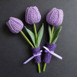 Three crochet tulips in pastel purple color, beautifully wrapped in dark purple