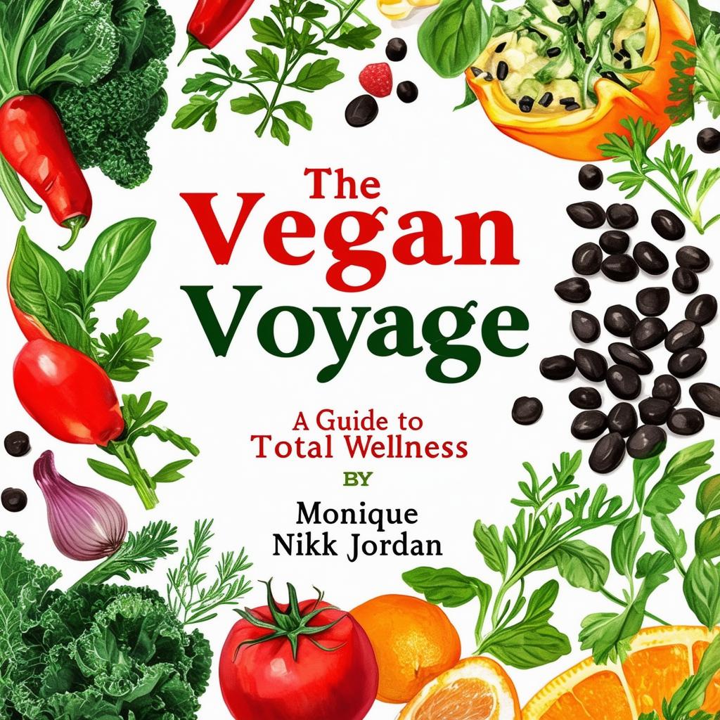 Create a vibrant and inviting printable cookbook cover titled 'The Vegan Voyage: A Guide to Total Wellness' by Monique Nikki Jordan, featuring fresh, natural colors, illustrations of vegetables, fruits, herbs, black beans, and chickpeas, with an elegant italic font and a clean, modern design