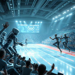 A futuristic scene depicting the Cyborg Olympics, where advanced cyborg athletes with both human and robotic parts compete in various athletic events in a high-tech stadium