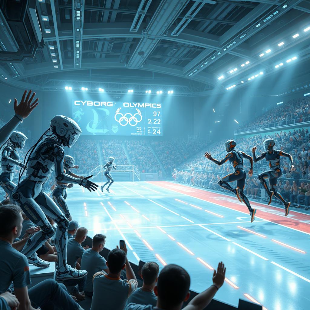 A futuristic scene depicting the Cyborg Olympics, where advanced cyborg athletes with both human and robotic parts compete in various athletic events in a high-tech stadium