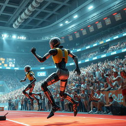 A futuristic scene depicting the Cyborg Olympics, where advanced cyborg athletes with both human and robotic parts compete in various athletic events in a high-tech stadium