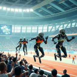 A futuristic scene depicting the Cyborg Olympics, where advanced cyborg athletes with both human and robotic parts compete in various athletic events in a high-tech stadium