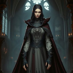 A full body view of a female vampire high lord in a Dungeons and Dragons theme