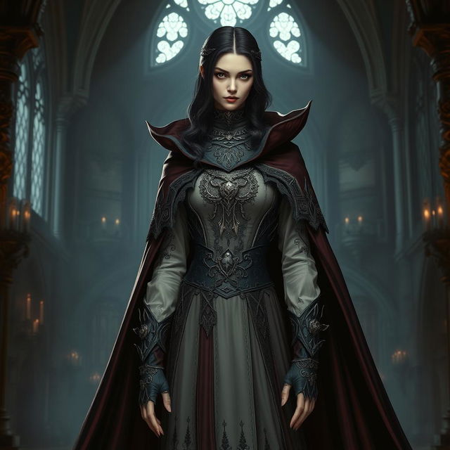 A full body view of a female vampire high lord in a Dungeons and Dragons theme