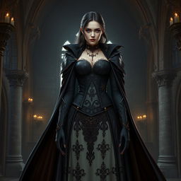 A full body view of a female vampire high lord in a Dungeons and Dragons theme