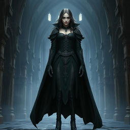 A full body view of a female vampire high lord in a Dungeons and Dragons theme