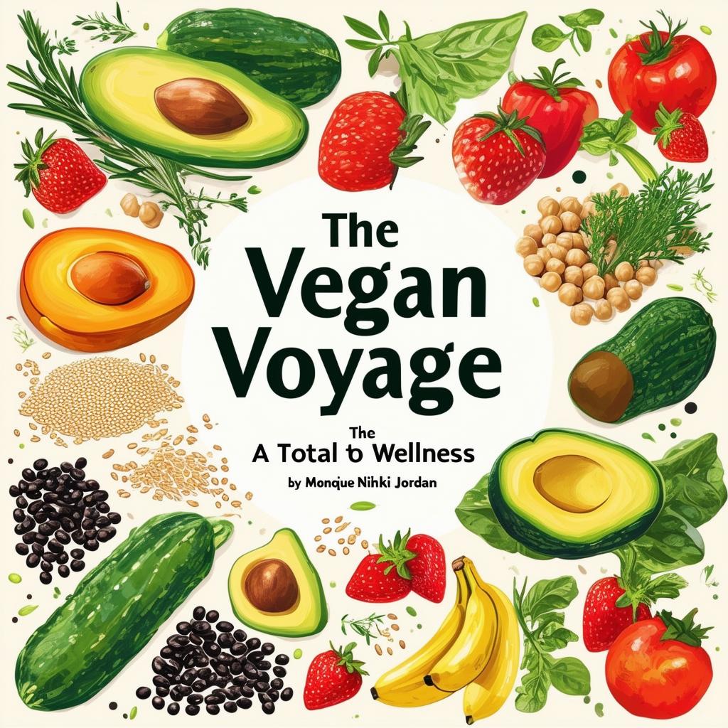 Create a vibrant and inviting printable cookbook cover titled 'The Vegan Voyage: A Guide to Total Wellness' by Monique Nikki Jordan, featuring fresh, natural colors, illustrations of vegetables, fruits, herbs, black beans, chickpeas, quinoa, avocados, strawberries, bananas, rice, and other vegan items, with a clean, modern design and an italic font