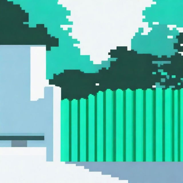 Create a pixel art image featuring a turquoise fence, viewed from the inner corner, on a white background