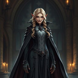 A full body view of a female vampire high lord in a Dungeons and Dragons theme