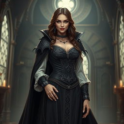 A full body view of a female vampire high lord in a Dungeons and Dragons theme