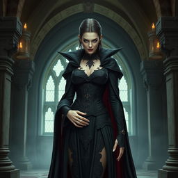 A full body view of a female vampire high lord in a Dungeons and Dragons theme