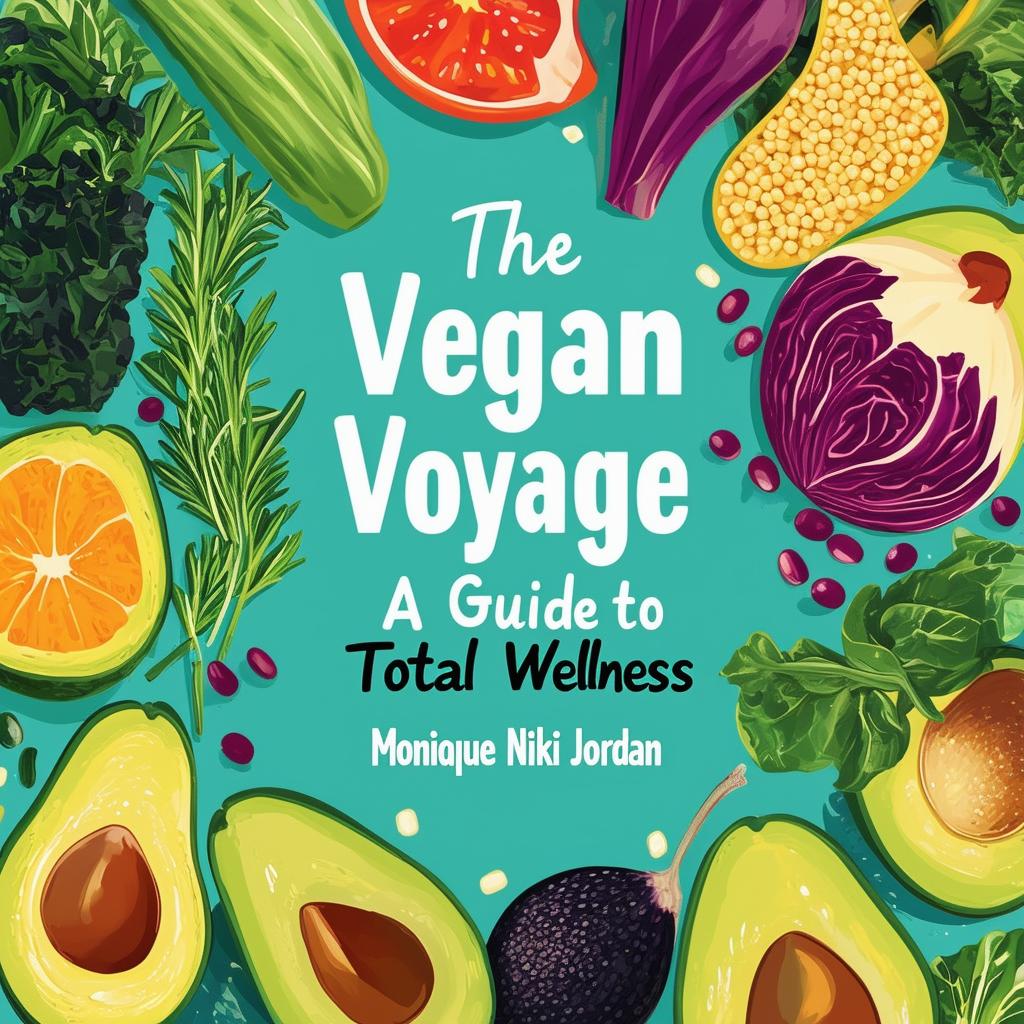 Create a vibrant and inviting printable cookbook cover titled 'The Vegan Voyage: A Guide to Total Wellness' by Monique Nikki Jordan, featuring fresh, natural and vibrant colors, illustrations of vegetables, fruits, herbs, black beans, chickpeas, quinoa, jackfruit, and avocados, with a clean, modern design