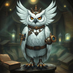 A majestic white owl in the role of an artificer, adorned with intricate mechanical gadgets and tools