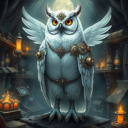 A majestic white owl in the role of an artificer, adorned with intricate mechanical gadgets and tools