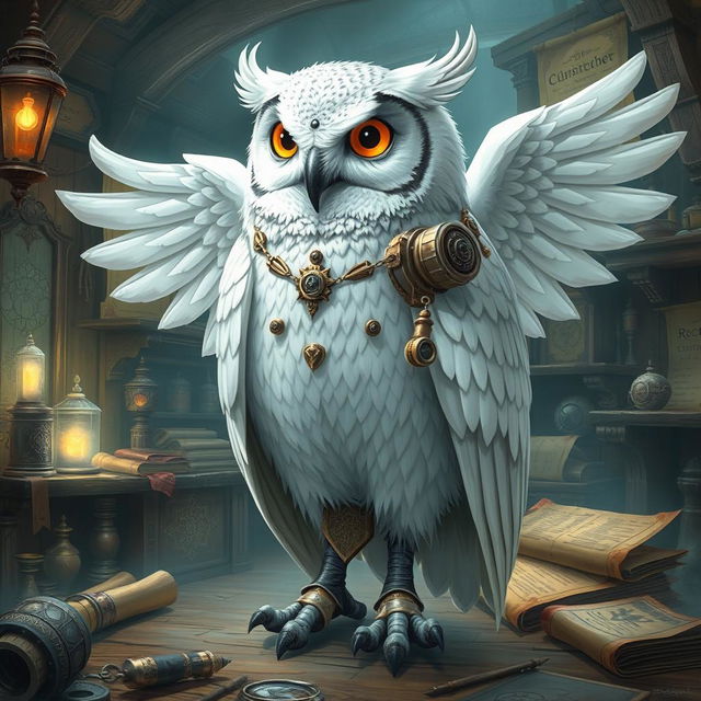 A majestic white owl in the role of an artificer, adorned with intricate mechanical gadgets and tools