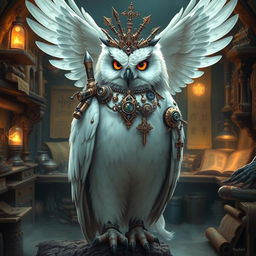 A majestic white owl in the role of an artificer, adorned with intricate mechanical gadgets and tools