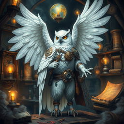 A majestic white owl-man in the role of an artificer, adorned with intricate mechanical gadgets and tools