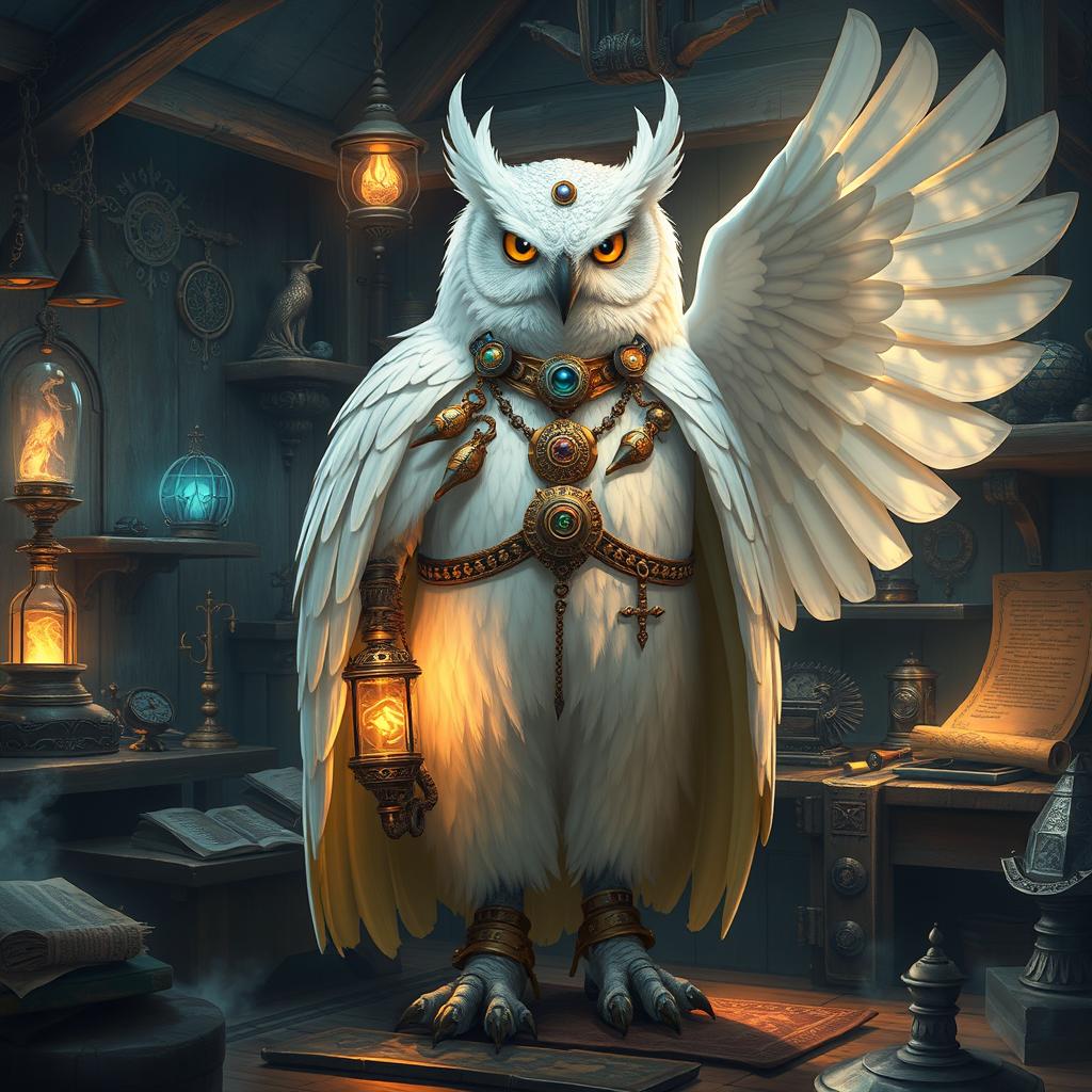 A majestic white owl-man in the role of an artificer, adorned with intricate mechanical gadgets and tools