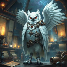 A majestic white owl-man in the role of an artificer, adorned with intricate mechanical gadgets and tools