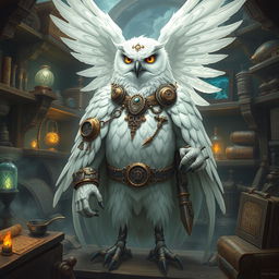 A majestic white owl-man in the role of an artificer, adorned with intricate mechanical gadgets and tools