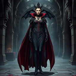 A full body view of a female vampire high lord in a Dungeons and Dragons theme, shown from head to toe including her shoes