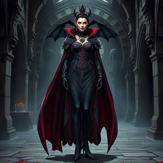 A full body view of a female vampire high lord in a Dungeons and Dragons theme, shown from head to toe including her shoes