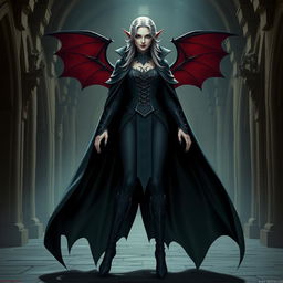 A full body view of a female vampire high lord in a Dungeons and Dragons theme, shown from head to toe including her shoes