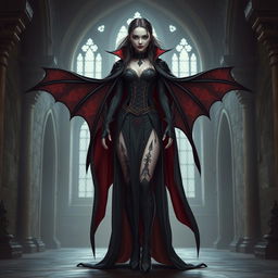 A full body view of a female vampire high lord in a Dungeons and Dragons theme, shown from head to toe including her shoes