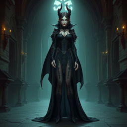 A full body view of a female vampire high lord in a Dungeons and Dragons theme, shown from head to toe including her shoes