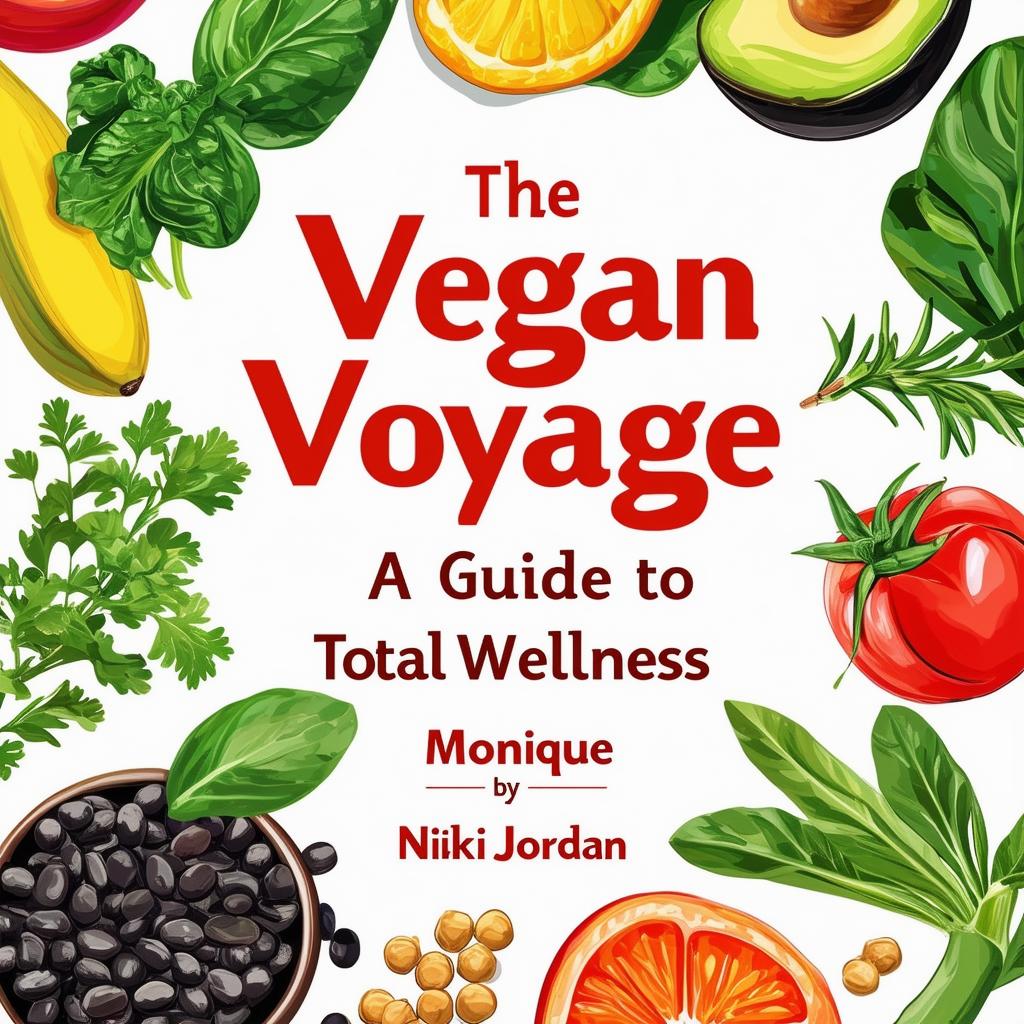 Create a vibrant and inviting printable cookbook cover titled 'The Vegan Voyage: A Guide to Total Wellness' by Monique Nikki Jordan, featuring fresh, natural colors, illustrations of vegetables, fruits, herbs, black beans, and chickpeas, with a clean, modern design and italic fonts