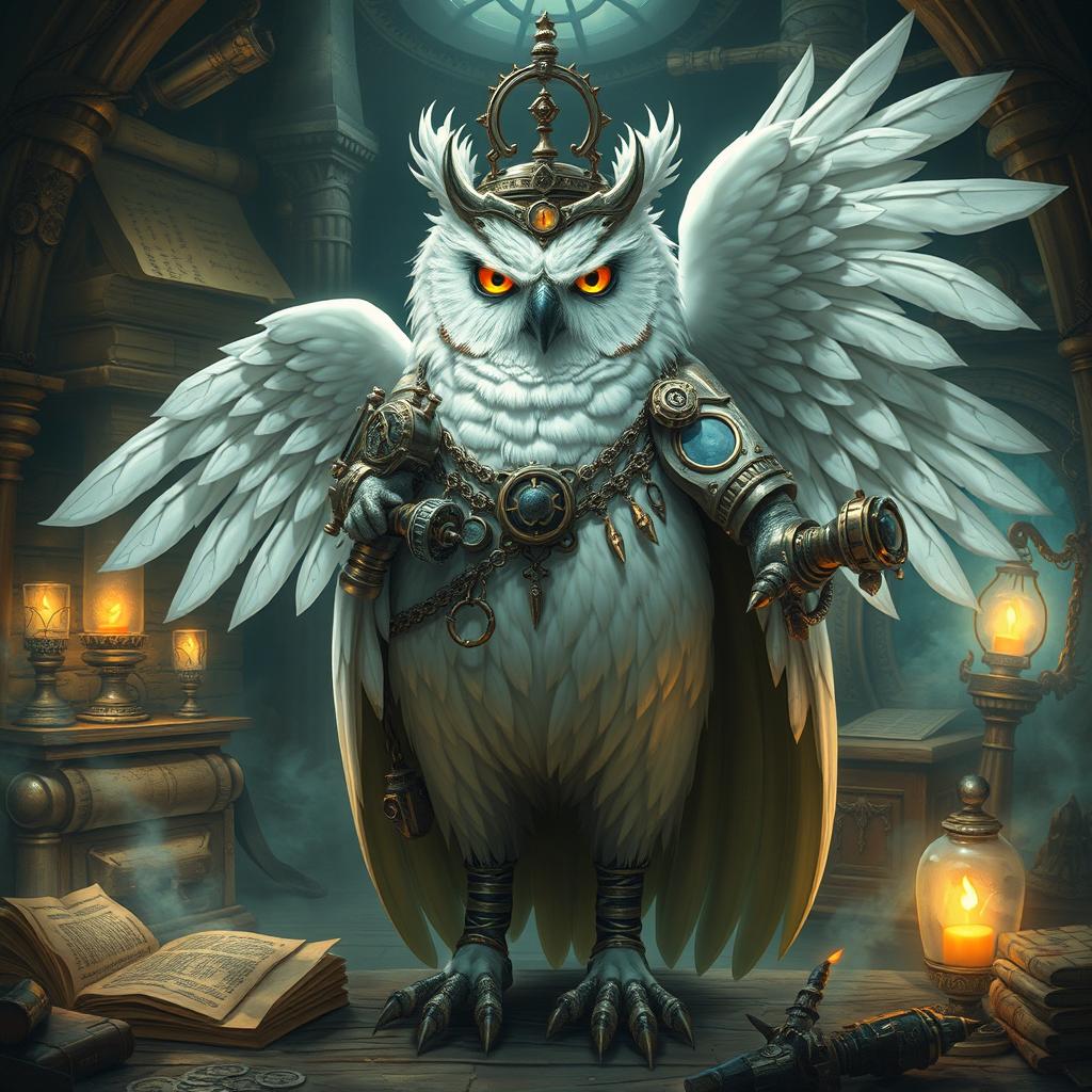 A majestic white owl-man in the role of an artificer, adorned with intricate mechanical gadgets and tools