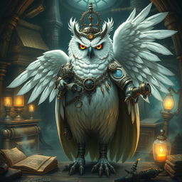 A majestic white owl-man in the role of an artificer, adorned with intricate mechanical gadgets and tools