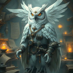 A majestic white owl-man in the role of an artificer, adorned with intricate mechanical gadgets and tools