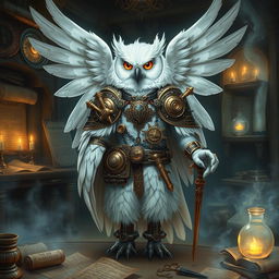 A majestic white owl-man in the role of an artificer, adorned with intricate mechanical gadgets and tools