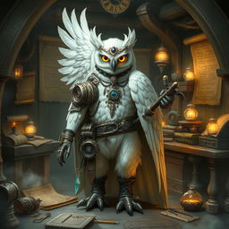 A majestic white owl-man in the role of an artificer, adorned with intricate mechanical gadgets and tools