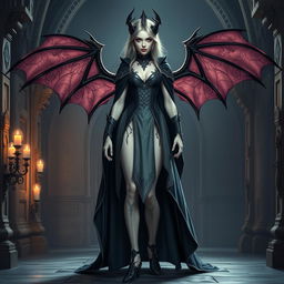 A full body view of a female vampire high lord in a Dungeons and Dragons theme, shown from head to toe including her shoes