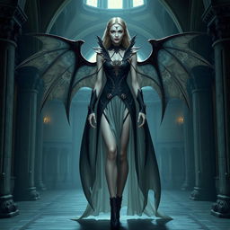 A full body view of a female vampire high lord in a Dungeons and Dragons theme, shown from head to toe including her shoes