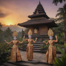 Detailed scene showcasing the rich culture of Java, Indonesia, featuring traditional Javanese dance, batik clothing, wayang puppet theatre, and historic temples under a tropical sunset.