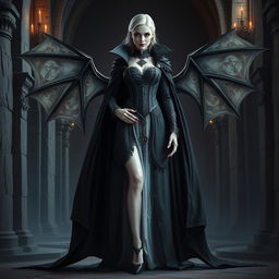 A full body view of a female vampire high lord in a Dungeons and Dragons theme, shown from head to toe including her shoes