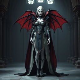 A full body view of a female vampire high lord in a Dungeons and Dragons theme, shown from head to toe including her shoes