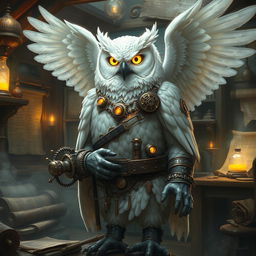 A majestic white owl-man with glowing eyes in the role of an artificer, adorned with intricate mechanical gadgets and tools